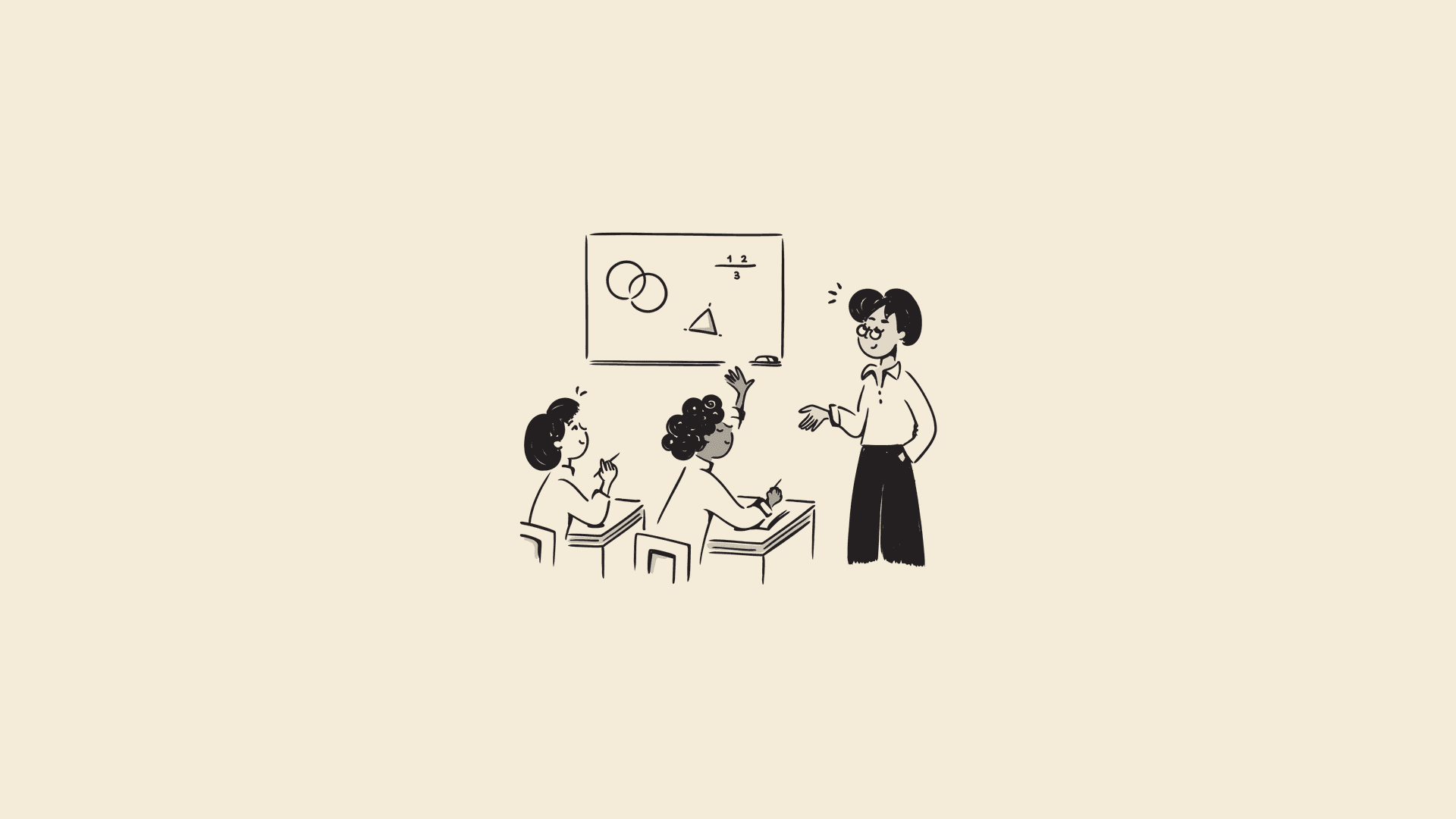 Notioly classroom illustration of a teacher and students on a cream background